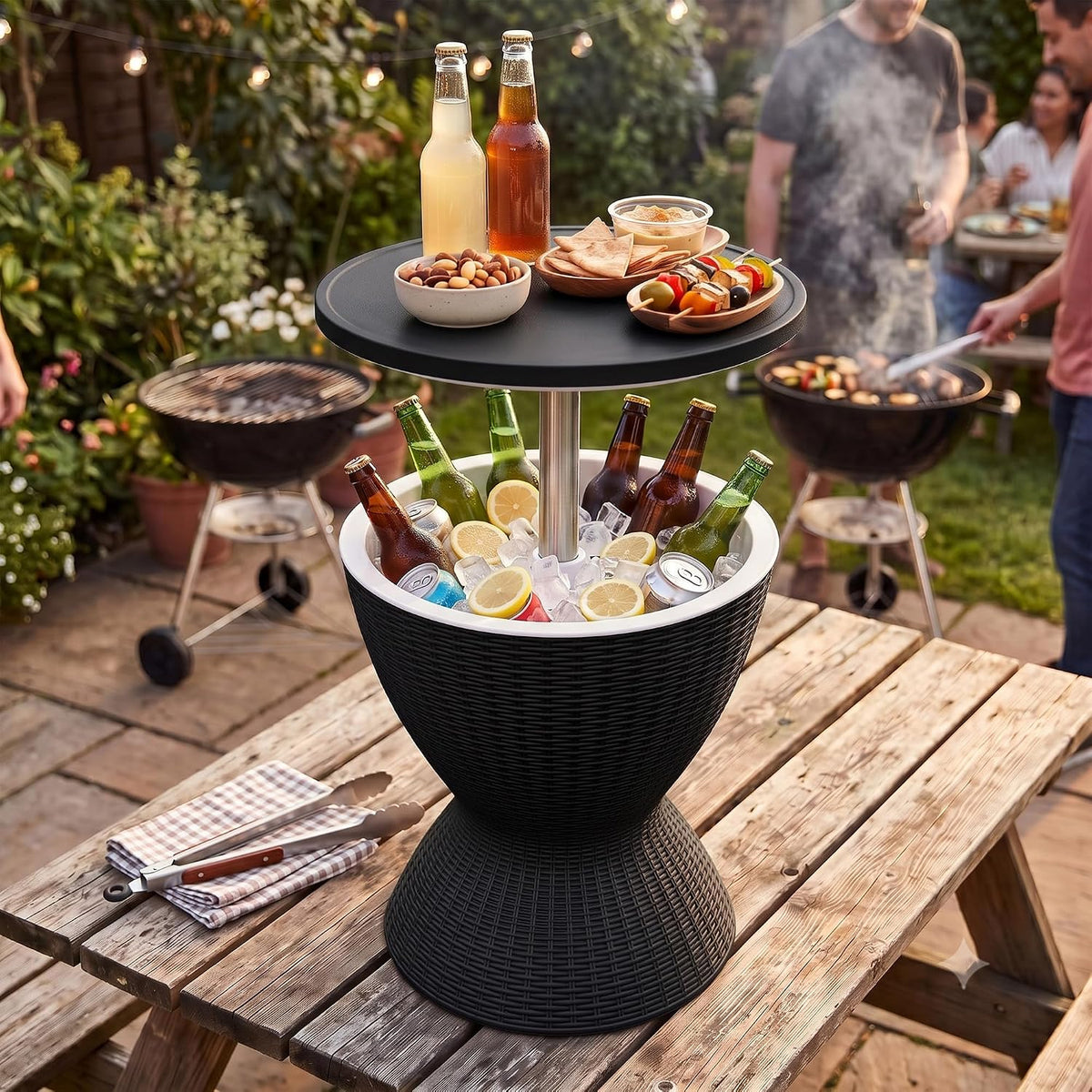 EasyUp Outdoor Cooler Bar Table – 8 Gallon Outdoor Patio Cooler Table with Drain Plug, Adjustable Height Rattan-Style Resin Cool Bar for Poolside, Deck, BBQ & Parties Classic Black