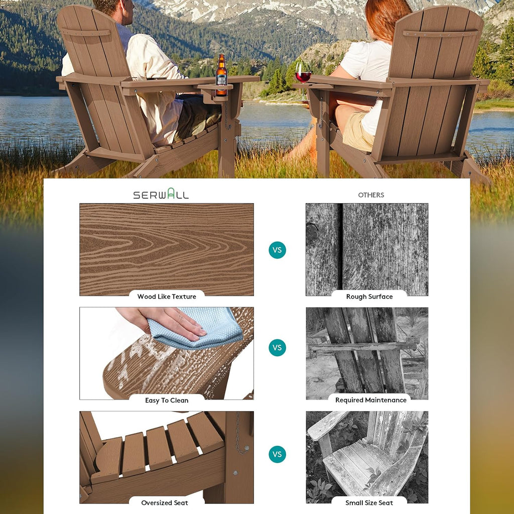 SERWALL Outdoor Adirondack Chair Set of 2 with Cup Holders,Foldable,Brown