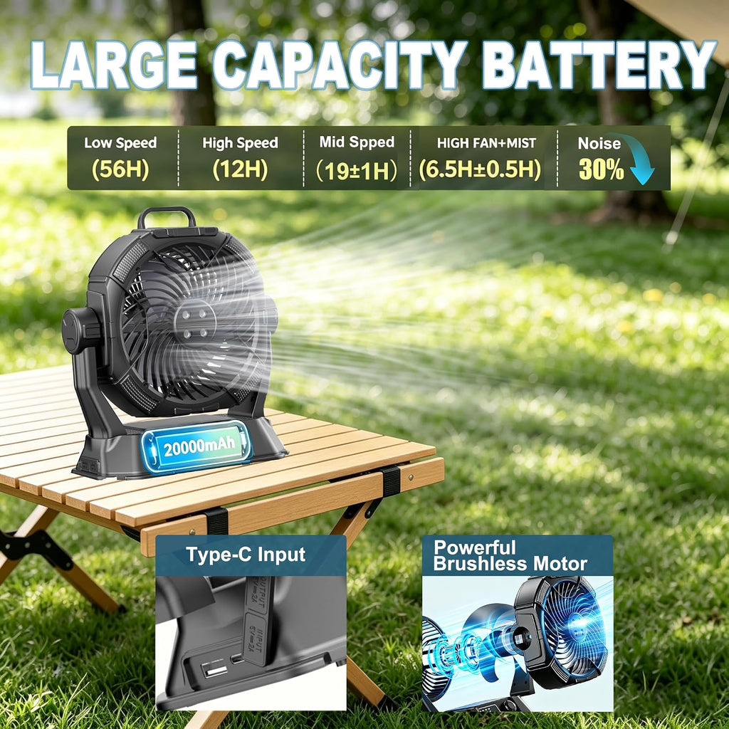 Wilody Portable Misting Fan Rechargeable with Remote Control, 6L Bucket Camping Fan with LED Lights & Stepless Speed Control & Cooling Mist, Portable Handle & Rotate Hook, Timer Function