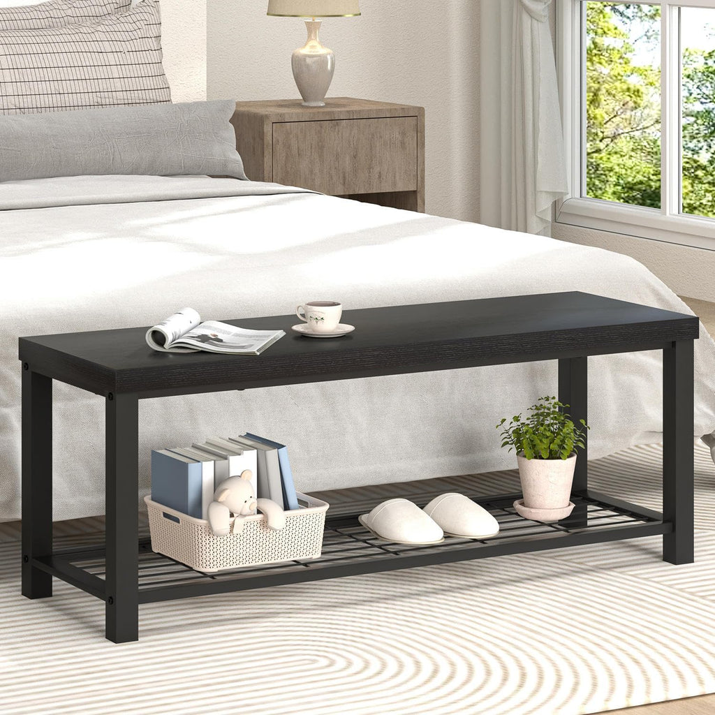 EXCEFUR Entryway Bench, Modern Wood and Metal Storage Bench for Hallway Front Door Entrance, Industrial Indoor Shoe Rack Bench Seat for Bedroom Living Room, 43.3 Inch Black