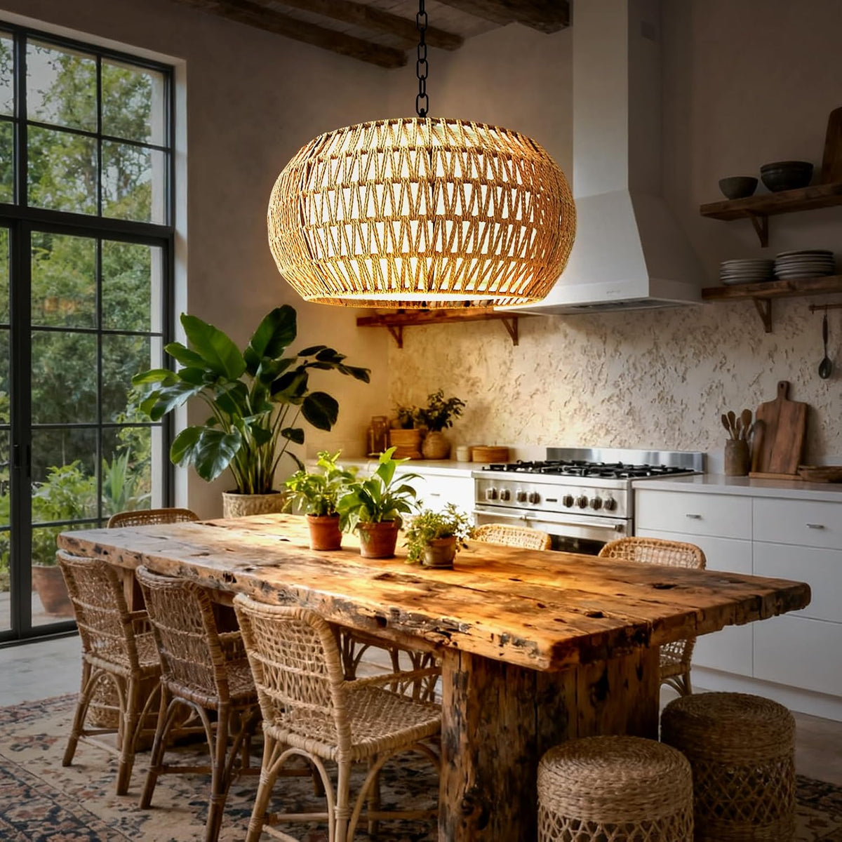 19" Boho Rattan Chandelier for Dining Room 5-Lights Farmhouse Chandelier