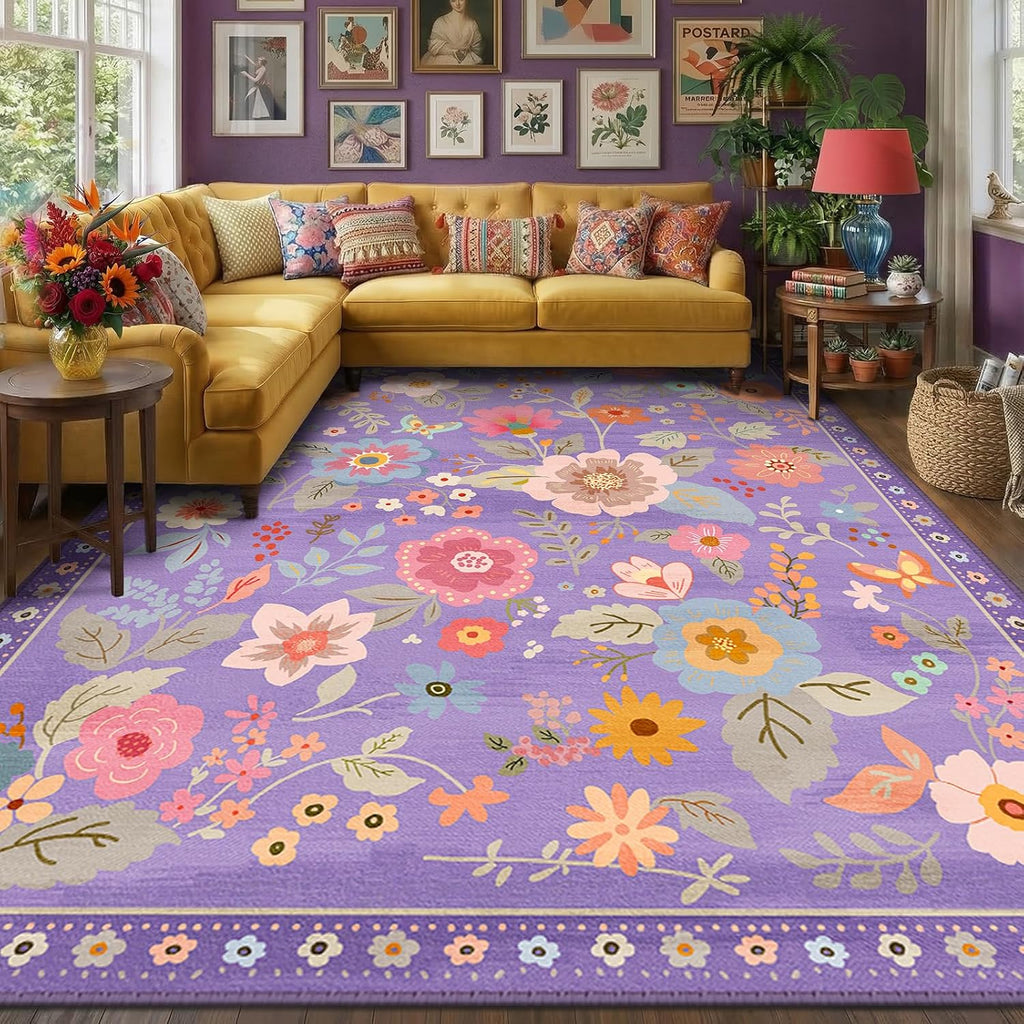 RELEANY Floral Washable 8x10 Area Rugs Purple/Pink