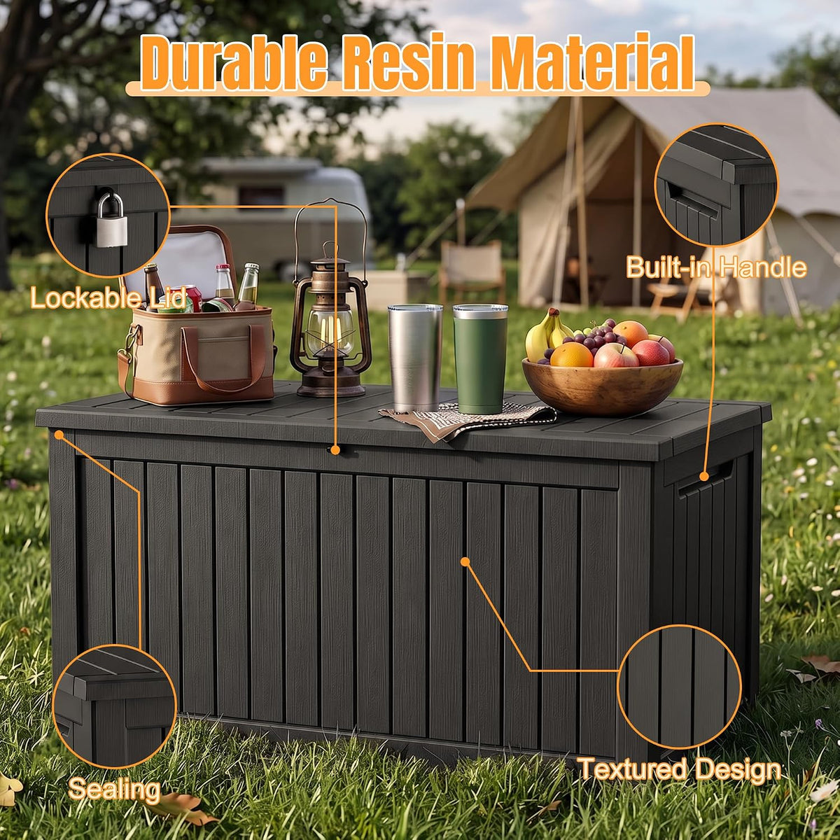 Outdoor Storage Box, 360 Gallon Waterproof Resin Deck Box with Support Rod
