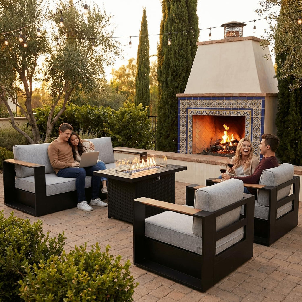 LayinSun 4 Pieces Aluminum Patio Furniture Set with Fire Pit Table