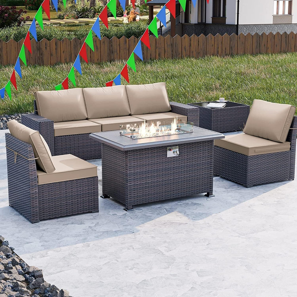 Kullavik 7 Piece Outdoor Wicker Patio Furniture Set with Fire Pit Table