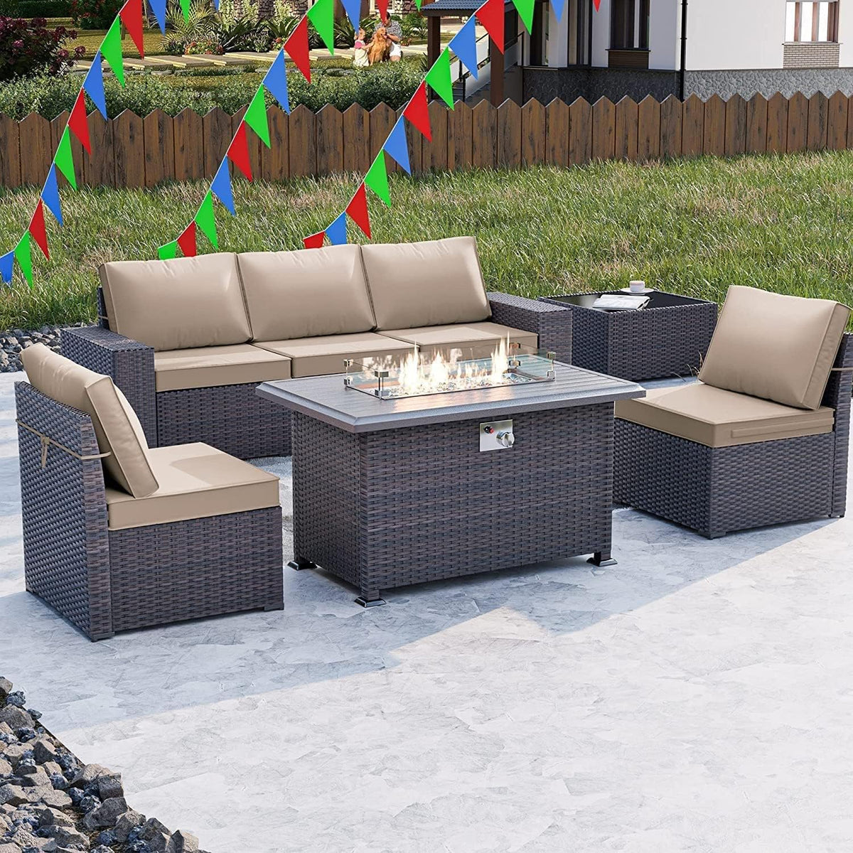 Kullavik 7 Piece Outdoor Wicker Patio Furniture Set with Fire Pit Table
