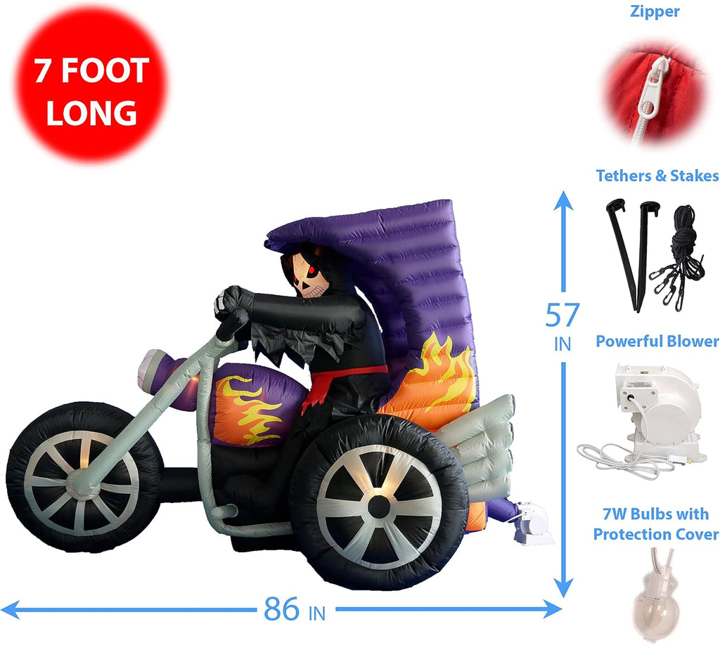 7 FT Long Halloween Inflatable Grim Reaper on Motorcycle
