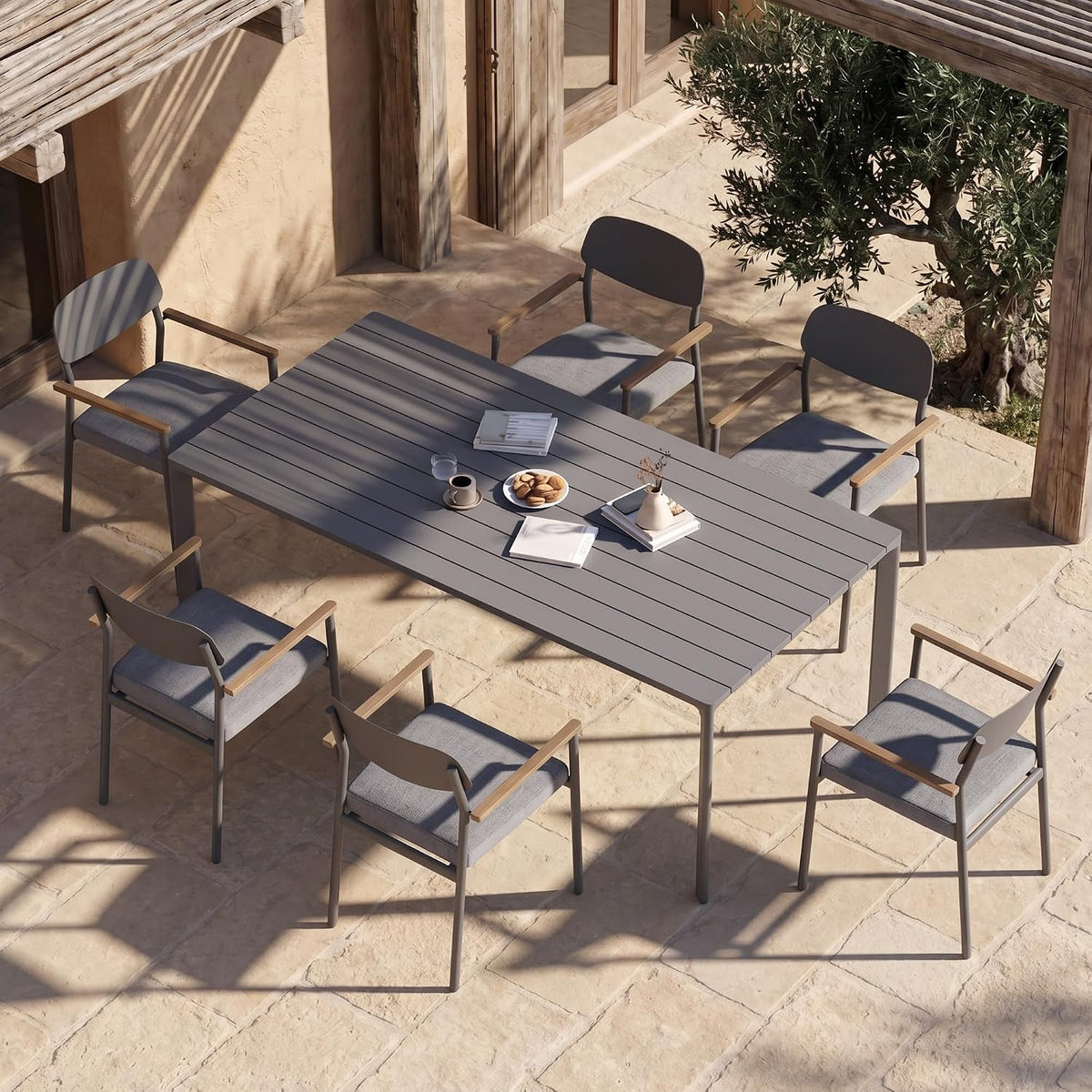 Modern Shade Luxury Outdoor Dining Set for 7, Outdoor Table and Chairs Set with Fade Resistant Cushions & FSC Teak, Premium Aluminum Patio Table and Chairs Set for Elegant Outdoor Living, Gray