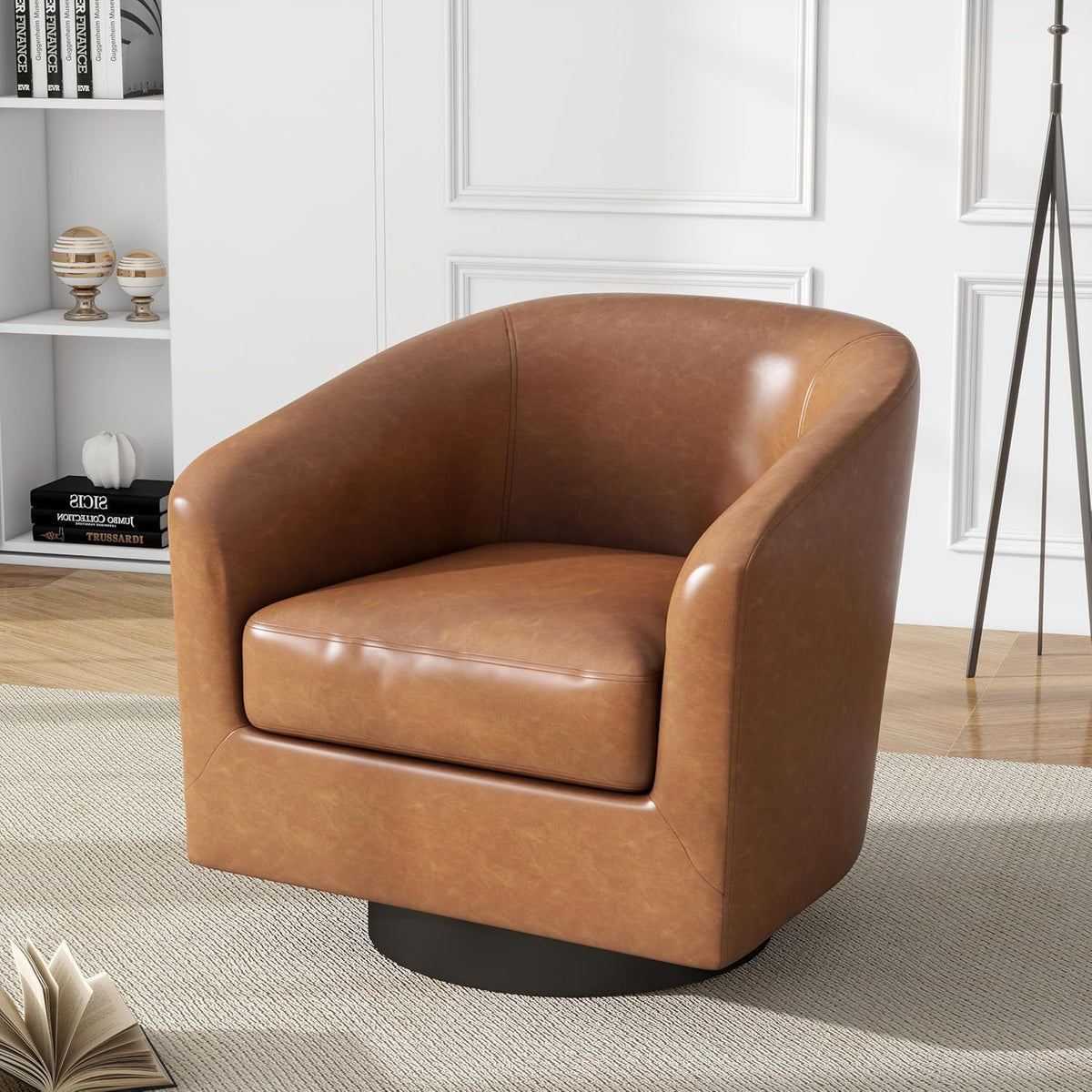 Faux Leather Swivel Accent Chairs Set of 4, Barrel Armchair, Brown