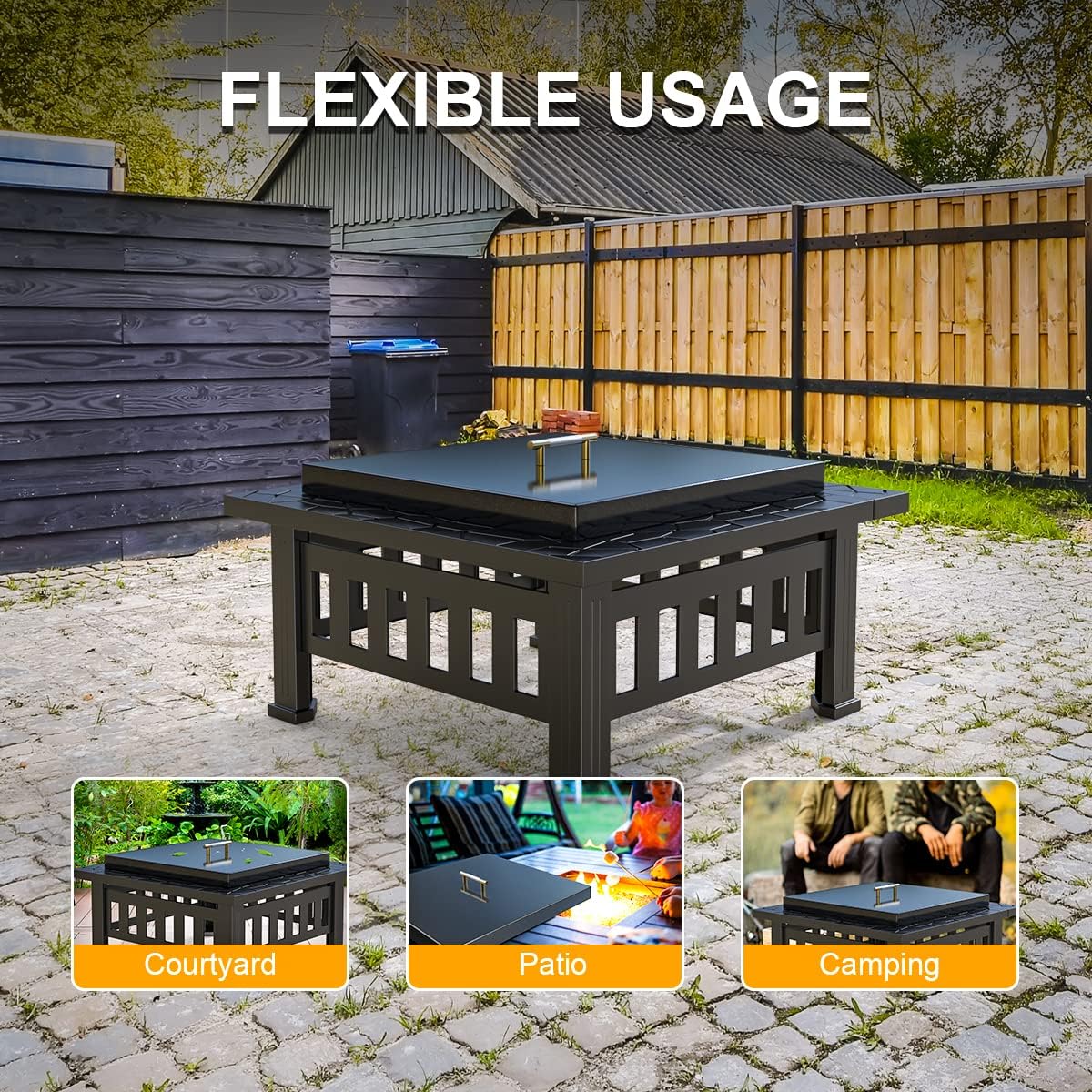 AJinTeby Fire Pit Lid Fits 24" x 24" Drop-in Fire Pit Pan, 27" x 27" Upgrade Porcelain Steel Fire Pit Cover, Fire Pit Cover Rectangular Burner Pan
