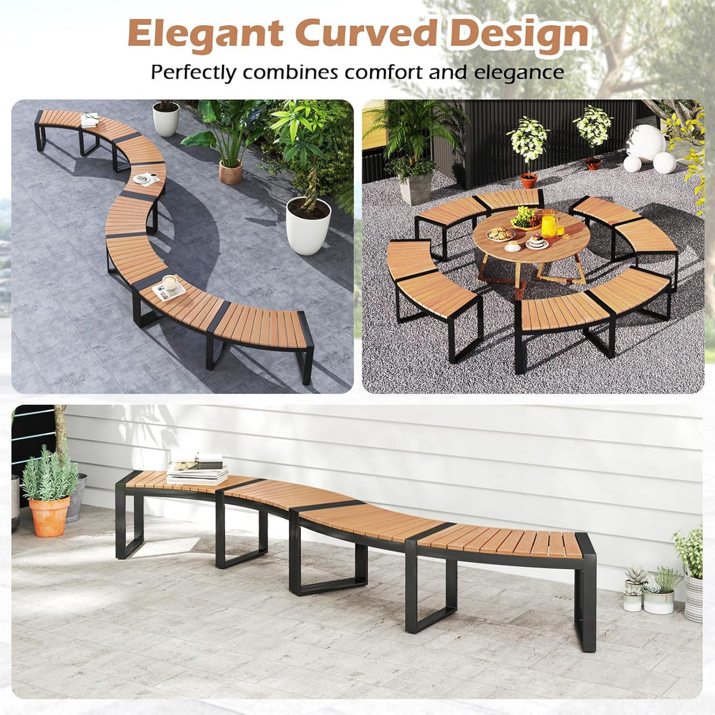 Tangkula Patio Curved Bench, Acacia Wood Fire Pit Bench w/Slatted Seat & Metal Legs, Outdoor Backless 2-Person Seating for Yard, Garden, Porch, 800 LBS Max Load, Oil Painted