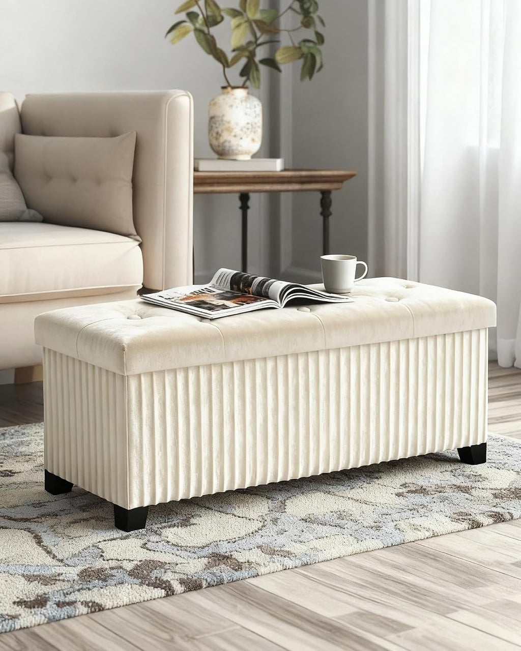 LITZFUR 43 Inches Storage Ottoman Bench, Velvet Foot Rest Stool, Beige