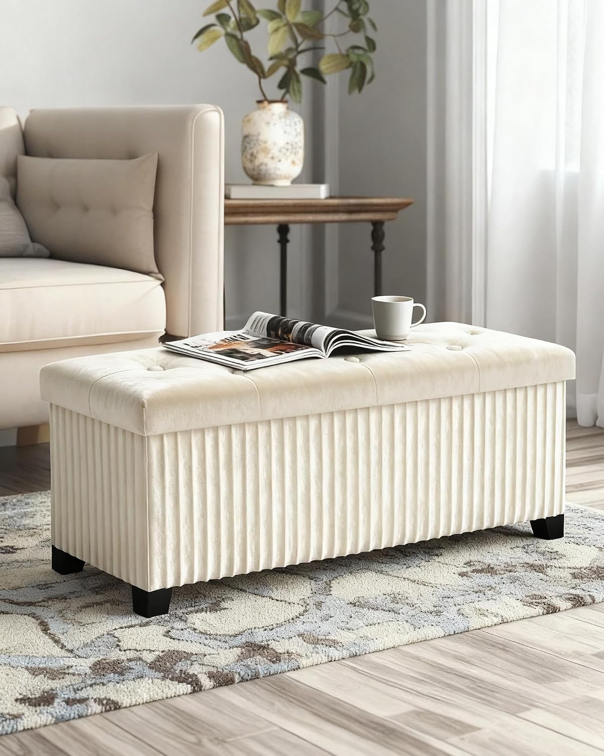LITZFUR 43 Inches Storage Ottoman Bench, Velvet Foot Rest Stool, Beige