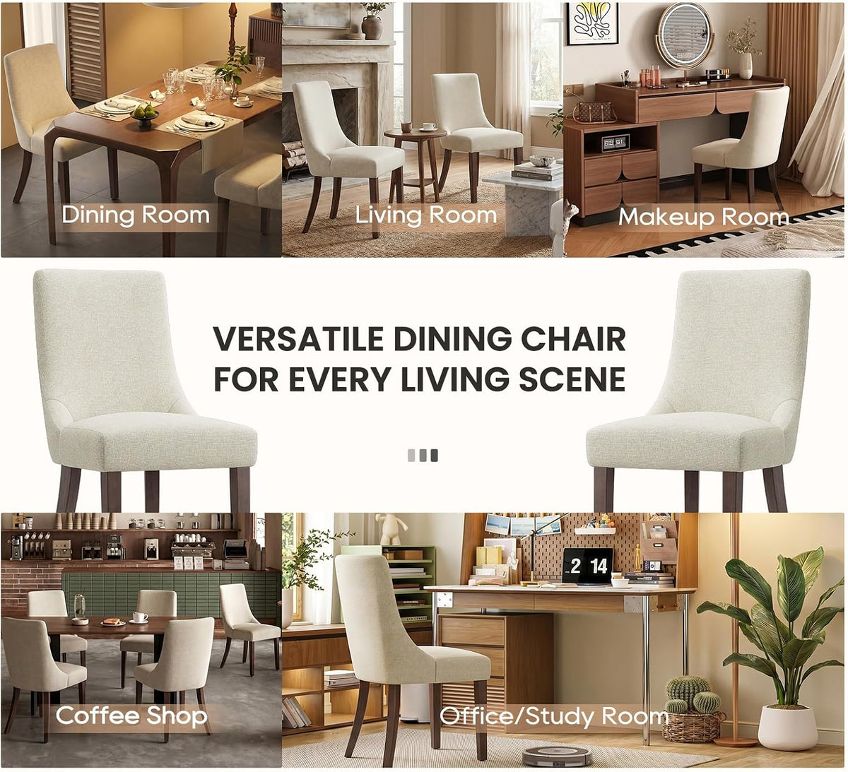 MALOL Wooden Dining Chairs Set of 6, Upholstered Kitchen & Dining Room Chairs with Solid Wood Legs Curved Backrest Farmhouse Accent Chair for Dining/Kitchen/Living Room, Beige