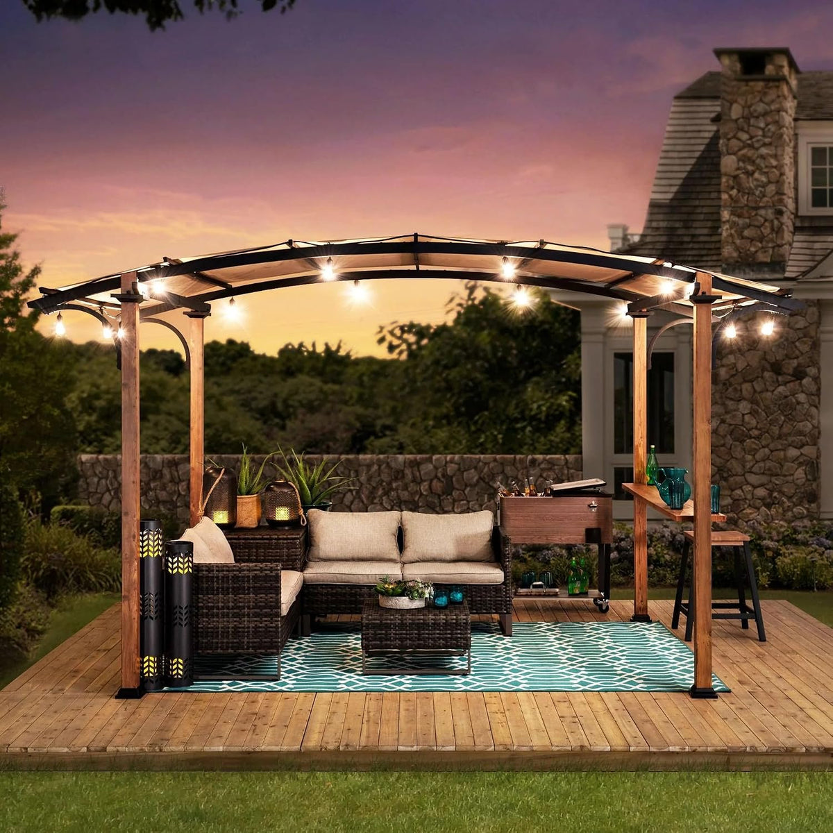 SUNJOY Outdoor Pergola 8.5 x 13 ft. Steel Arched Pergola with Tan Weather-Resistant Heavy-Duty Textilene Fabric Canopy and Bar Shelf – Compact Steel Pergola for Patio, Backyard, Garden Activities