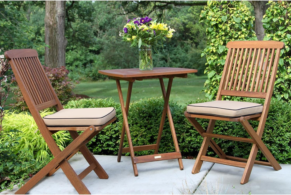 outdoor interiors eucalyptus wood 3-piece square foldable bistro showing dimensions