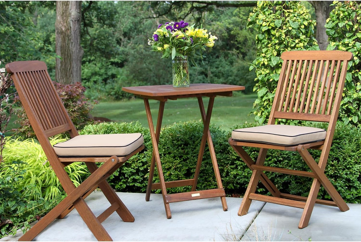 outdoor interiors eucalyptus wood 3-piece square foldable bistro showing dimensions