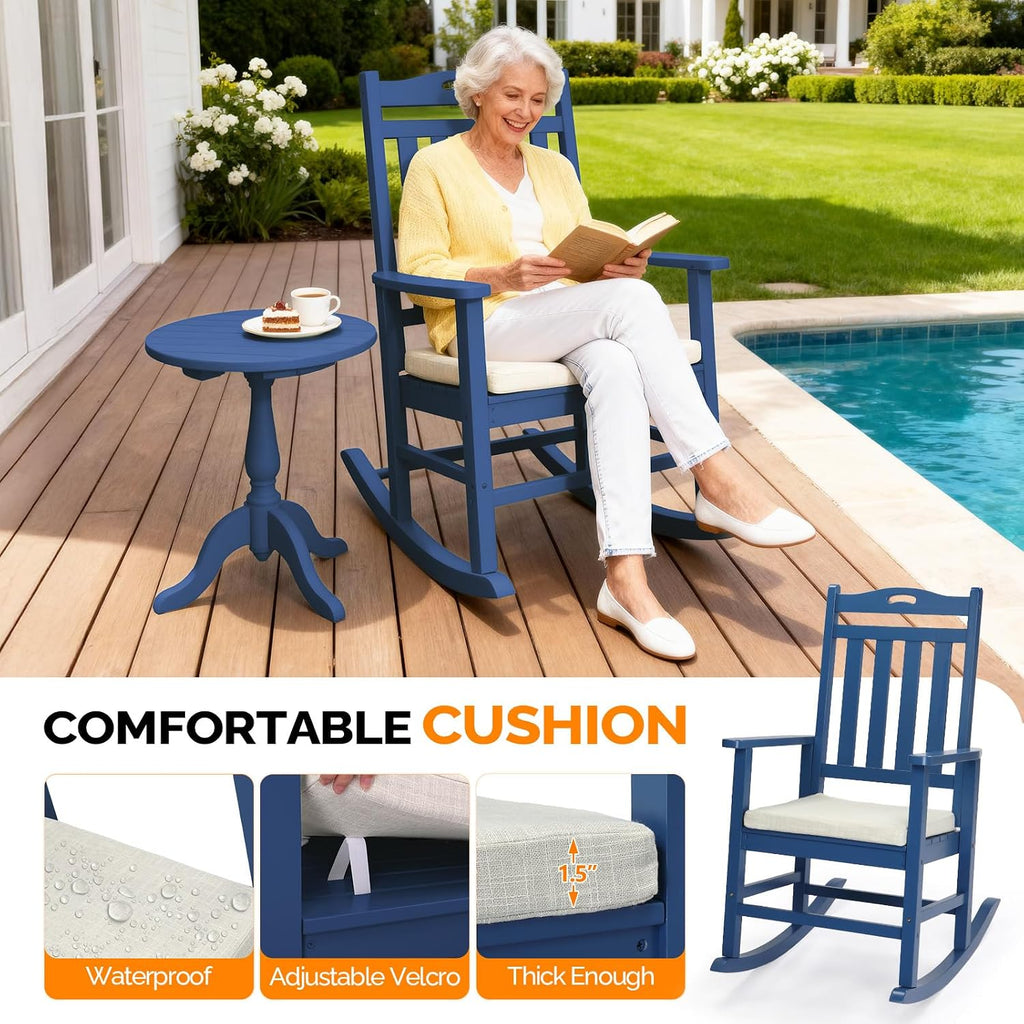 VINGLI Outdoor Rocking Chair Set of 2 Wood Rocking Chair with Cushion Blue
