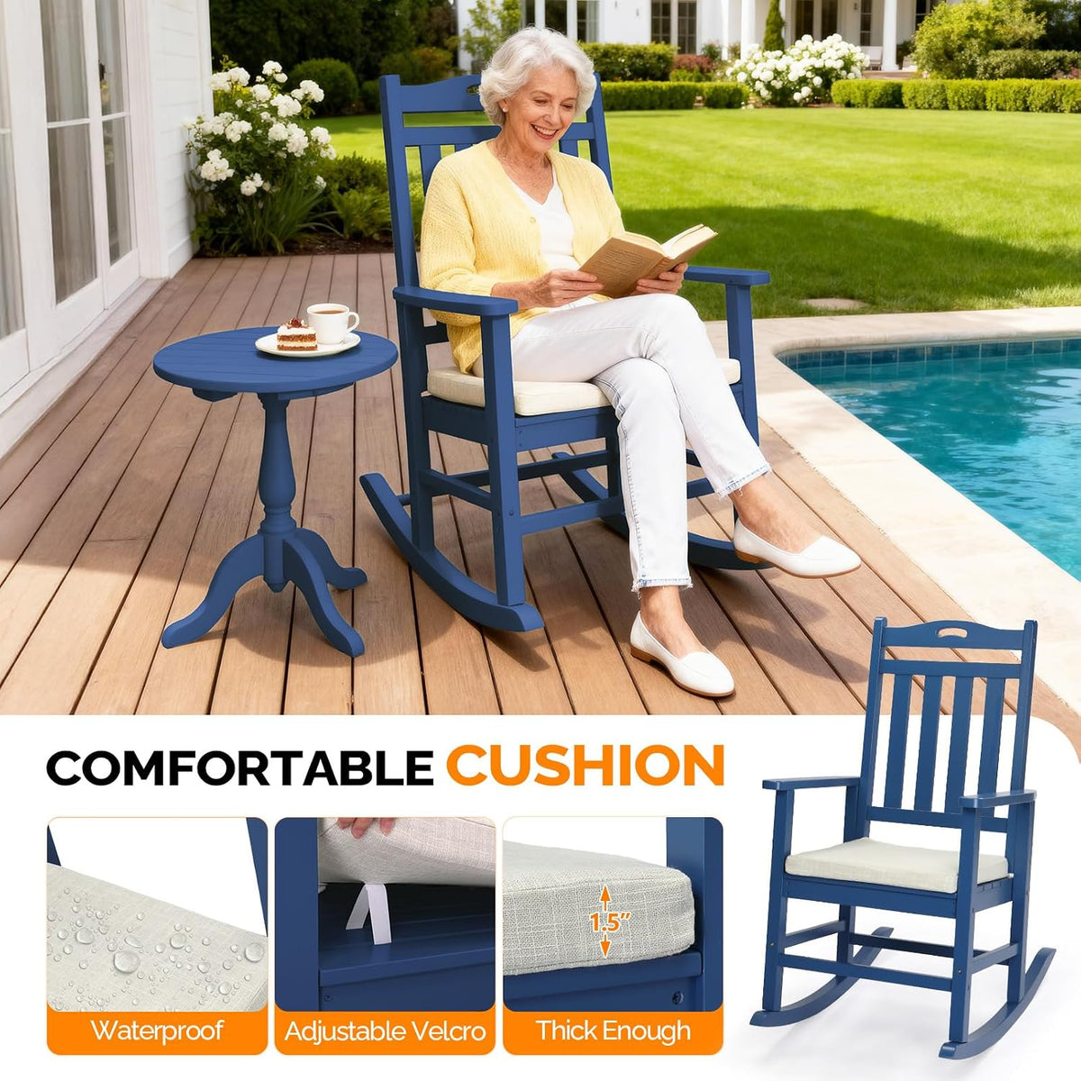 VINGLI Outdoor Rocking Chair Set of 2 Wood Rocking Chair with Cushion Blue