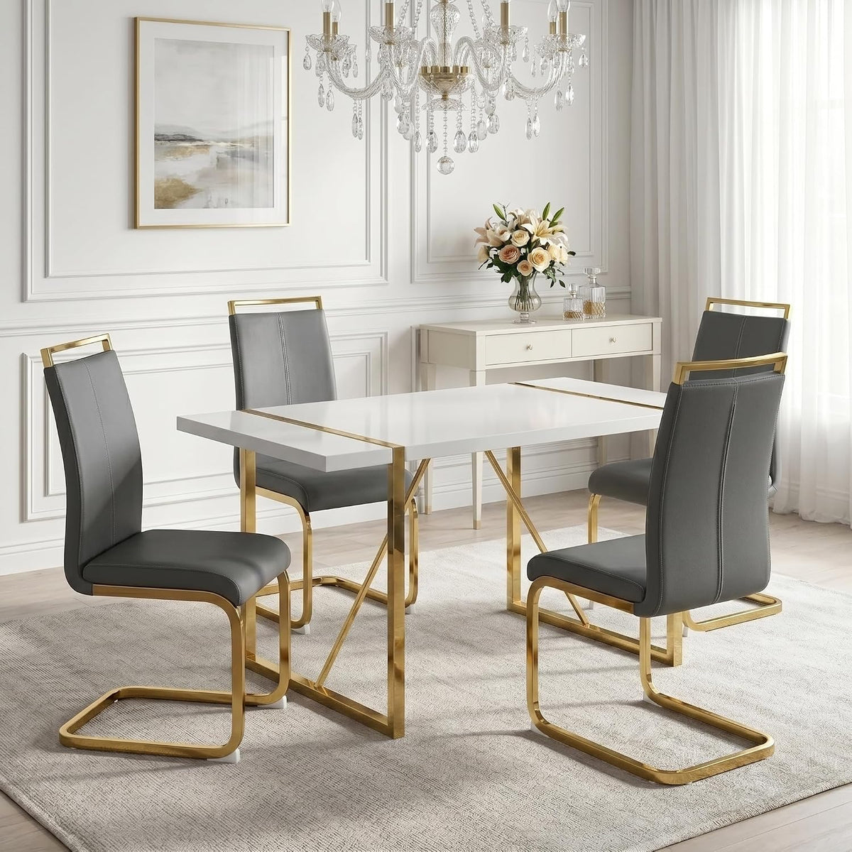 gopop Dining Table Set for 4, Kitchen Table Chairs Set of 4, 55-Inch White