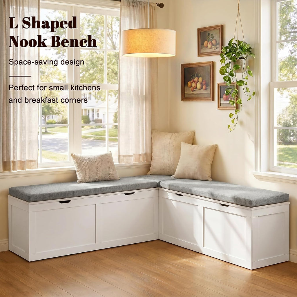 63” Breakfast Nook Bench, L Shaped Storage Bench with Cushion, White
