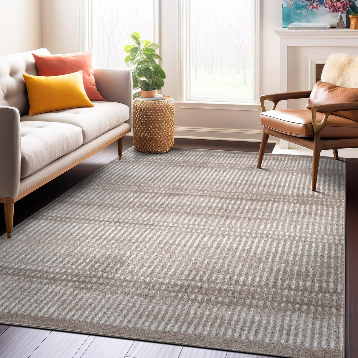 Rugshop Contemporary Stripe Lines High Traffic Area Rug Beige 5' x 7'
