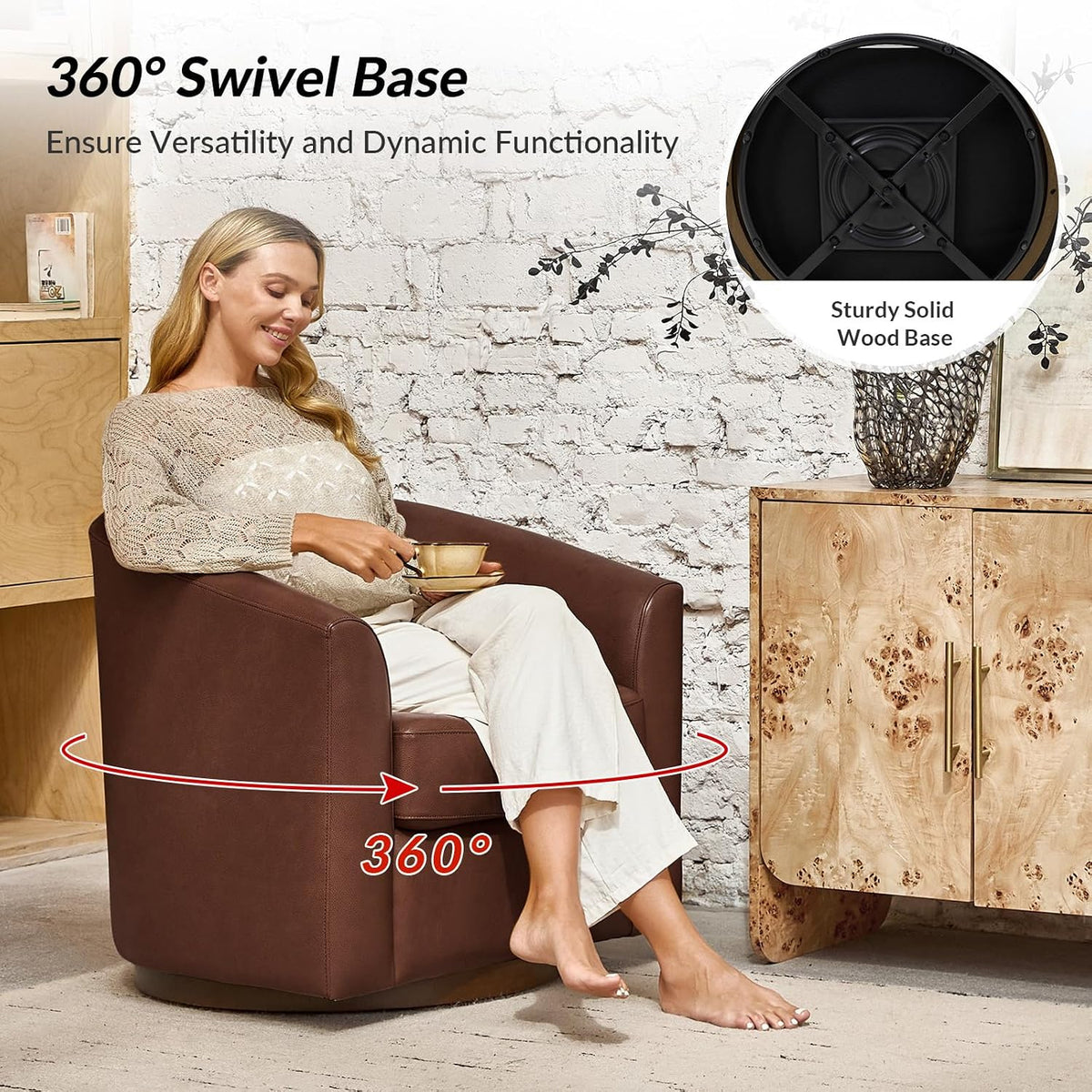 HULALA HOME Genuine Leather Swivel Barrel Accent Chairs Set of 2, Brown