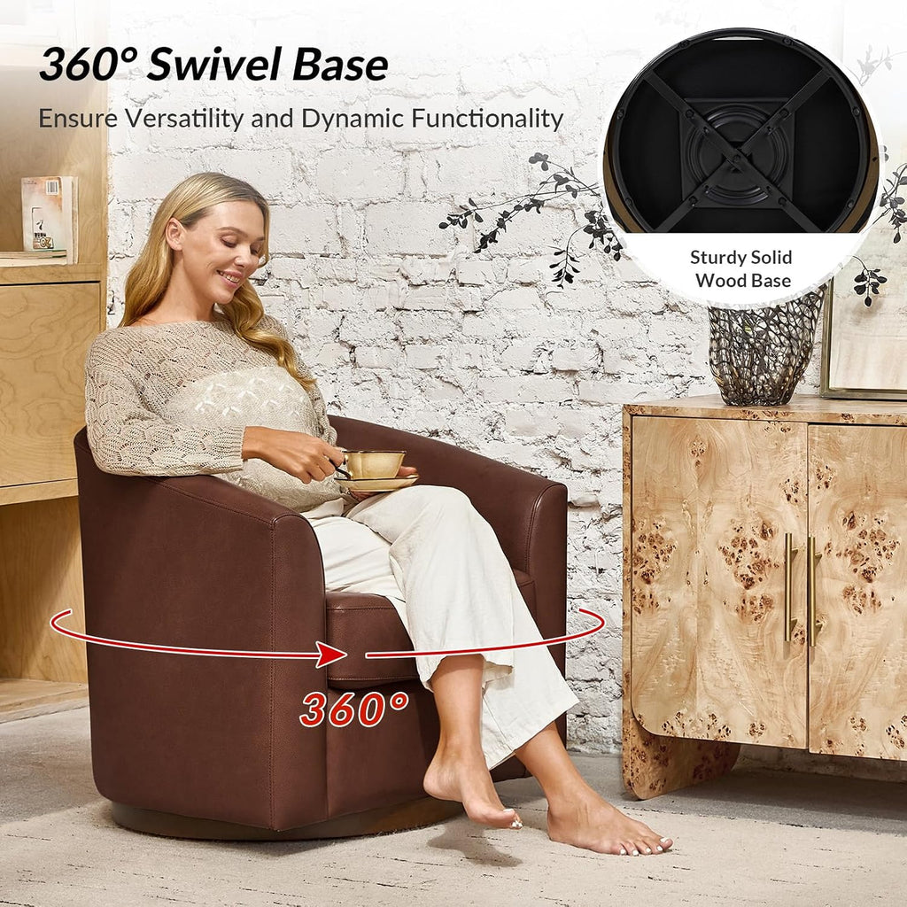 HULALA HOME Genuine Leather Swivel Barrel Chair with Solid Wood Base, Brown