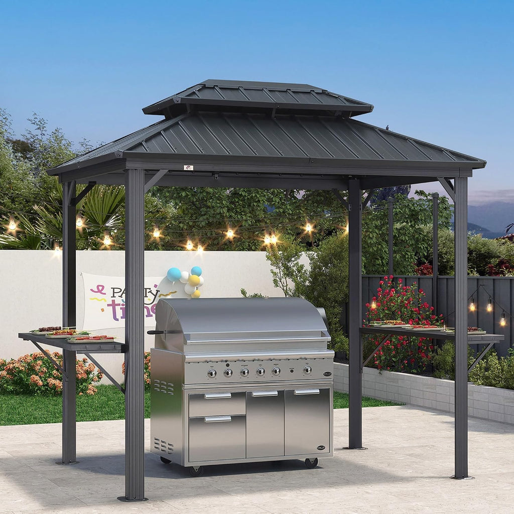 PURPLE LEAF Hardtop Grill Gazebo 6' x 8' Aluminum Frame Double Tier, Gray