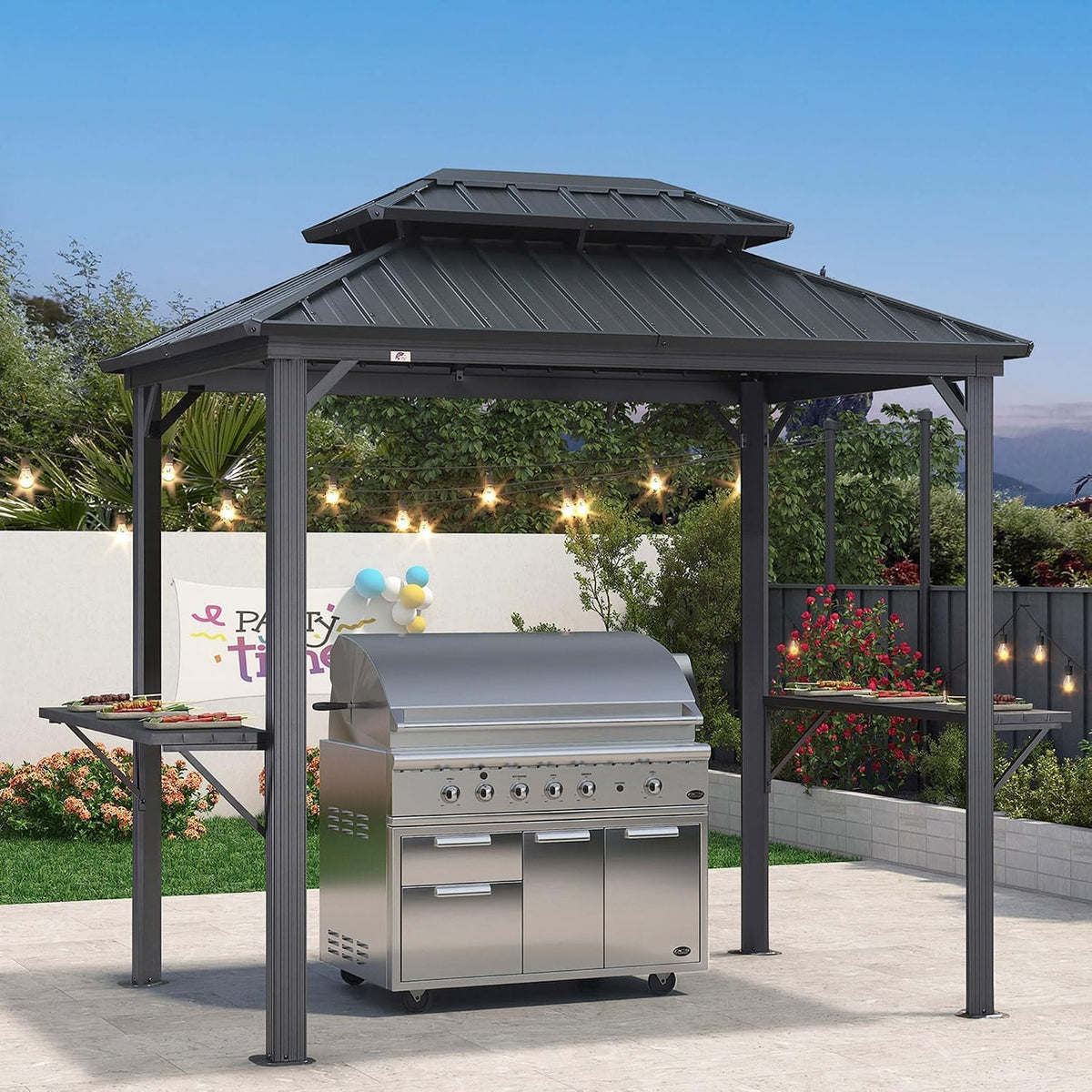 PURPLE LEAF Hardtop Grill Gazebo 6' x 8' Aluminum Frame Double Tier, Gray