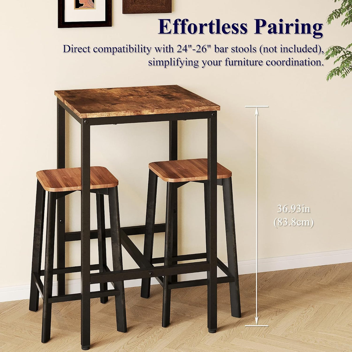 Lutown-Teen Square Bar Table, High Top Table - Industrial Metal Frame for Small Spaces & Narrow Kitchens, 23.6x23.6x36.9 in (LxWxH), Easy Assembly, Rustic Brown and Black