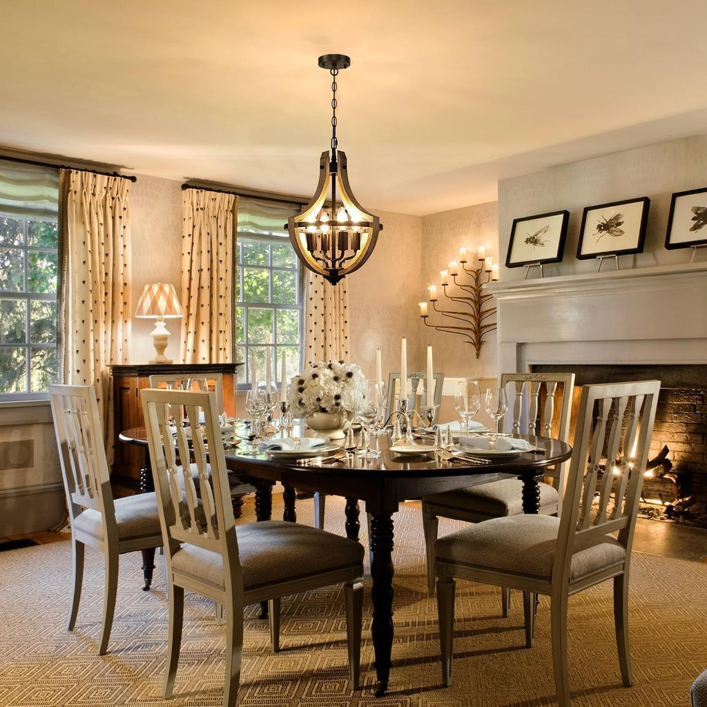 4-light farmhouse dining room light fixture, adjustable height shown in use
