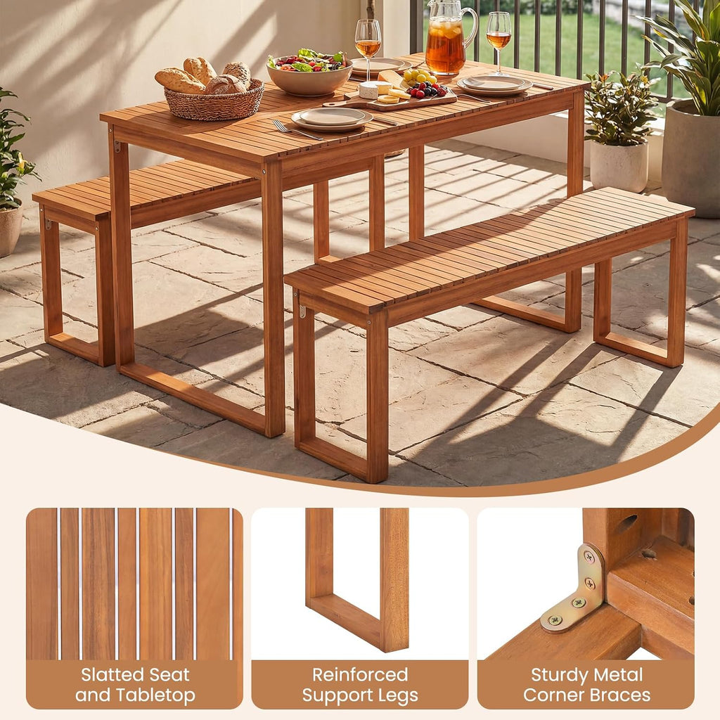 Tangkula 3 Pieces Patio Wooden Dining Set, Acacia Wood Rectangular Picnic Beer Table with 2 Benches for 4 People, Outdoor Dinner Furniture Set for Backyard, Garden and Poolside