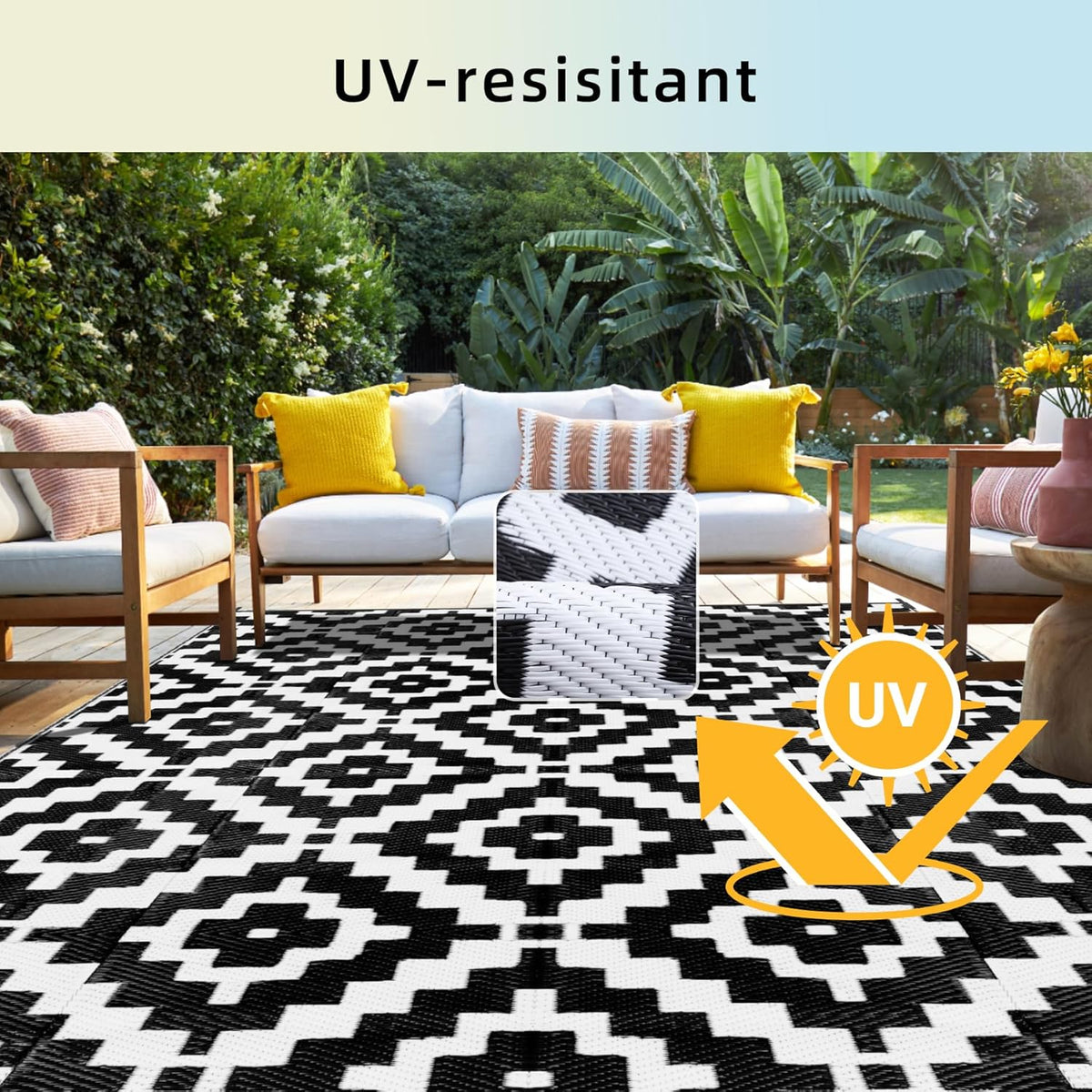 Favoyard Outdoor Rug Black & White 9x12 ft Waterproof Reversible Carpet Mat