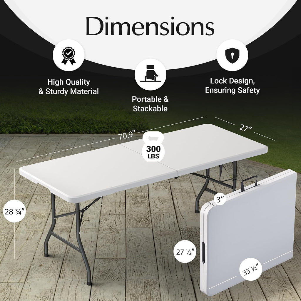 2 PACK of 6 Feet Foldable Table with Built in Handle & Steel Legs | 6FT Heavy Duty Folding Portable | Perfect for Party, Dining, Wedding, Events, Picnic Indoor, Outdoor, Camping, Folding - 6 Foot