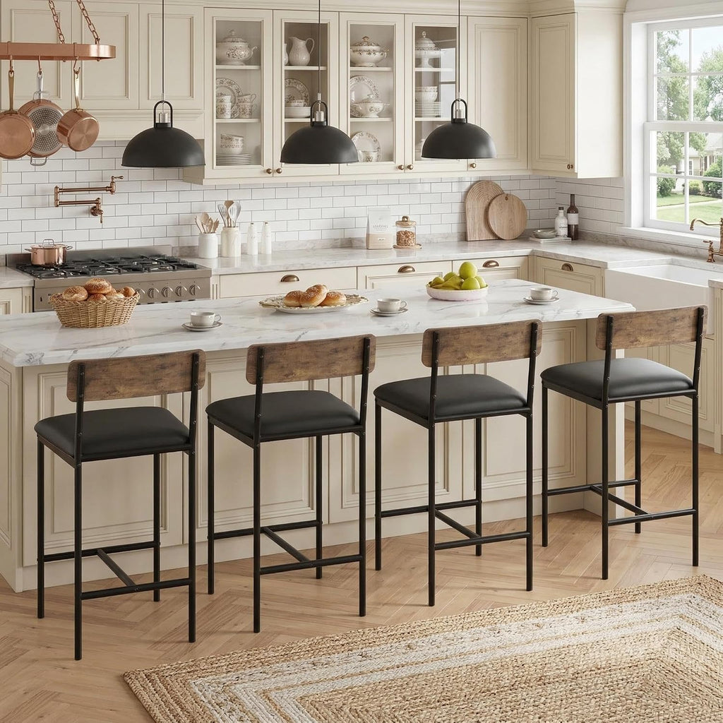 GarveeHome Bar Stools Set of 4, Upholstered Counter Height Bar Stools with Backrest and Footrest, Kitchen Barstools for Island, Counter Bar, Easy Assembly, Rustic Brown
