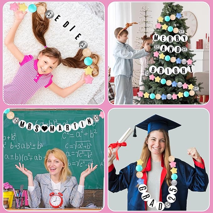 Giant Friendship Bracelet Garland Kit, DIY Birthday Banner with Letters Ball Jumbo Customizable Friendship Bracelet Decor for Halloween Christmas Wedding Party(Macaron Green, Gray, Khaki)