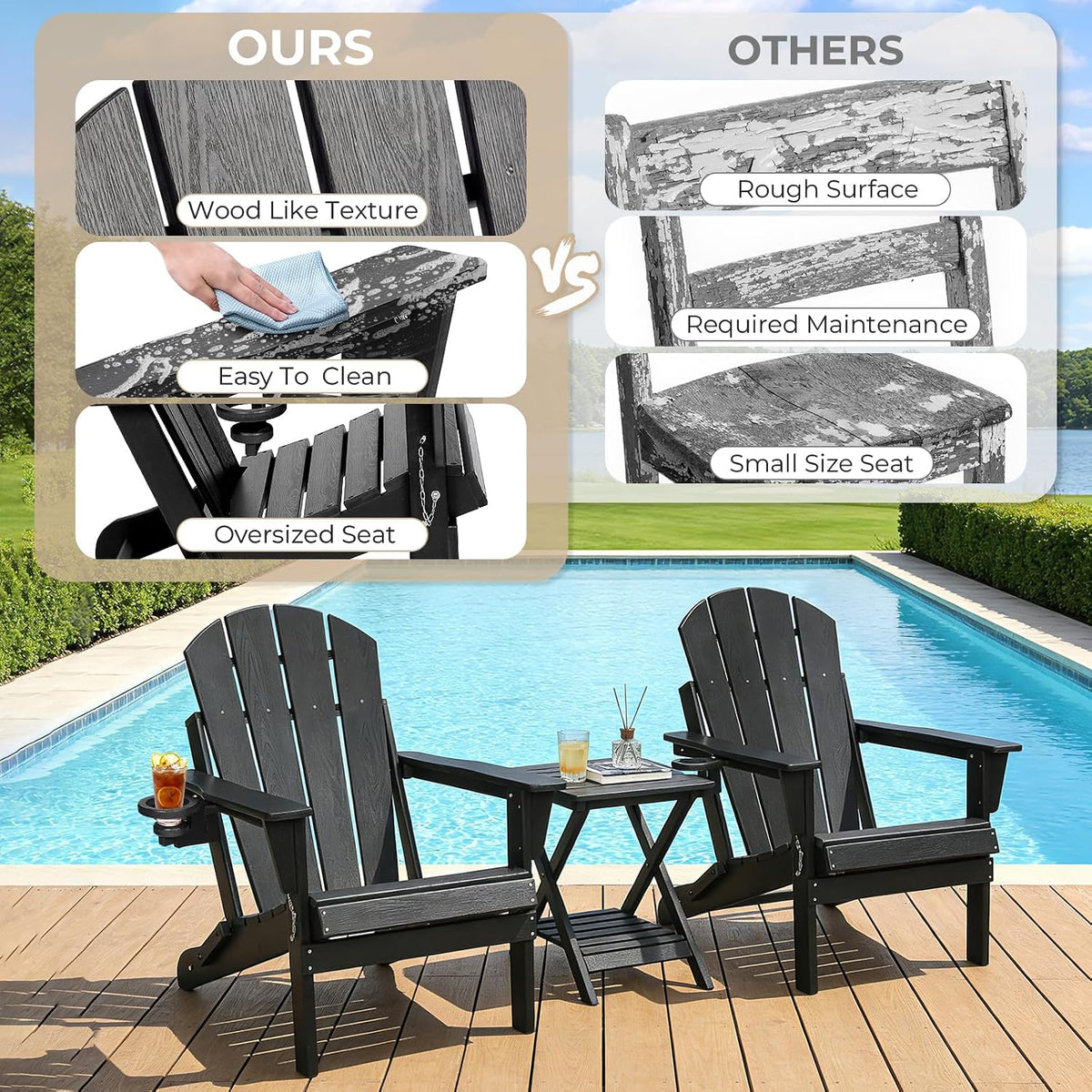 HDPE Folding Adirondack Chair, Outdoor Patio Chair with Cup Holder, Weather Resistant Wood Grain Lawn Chair for Backyard, Garden, Fire Pit, Deck, Black