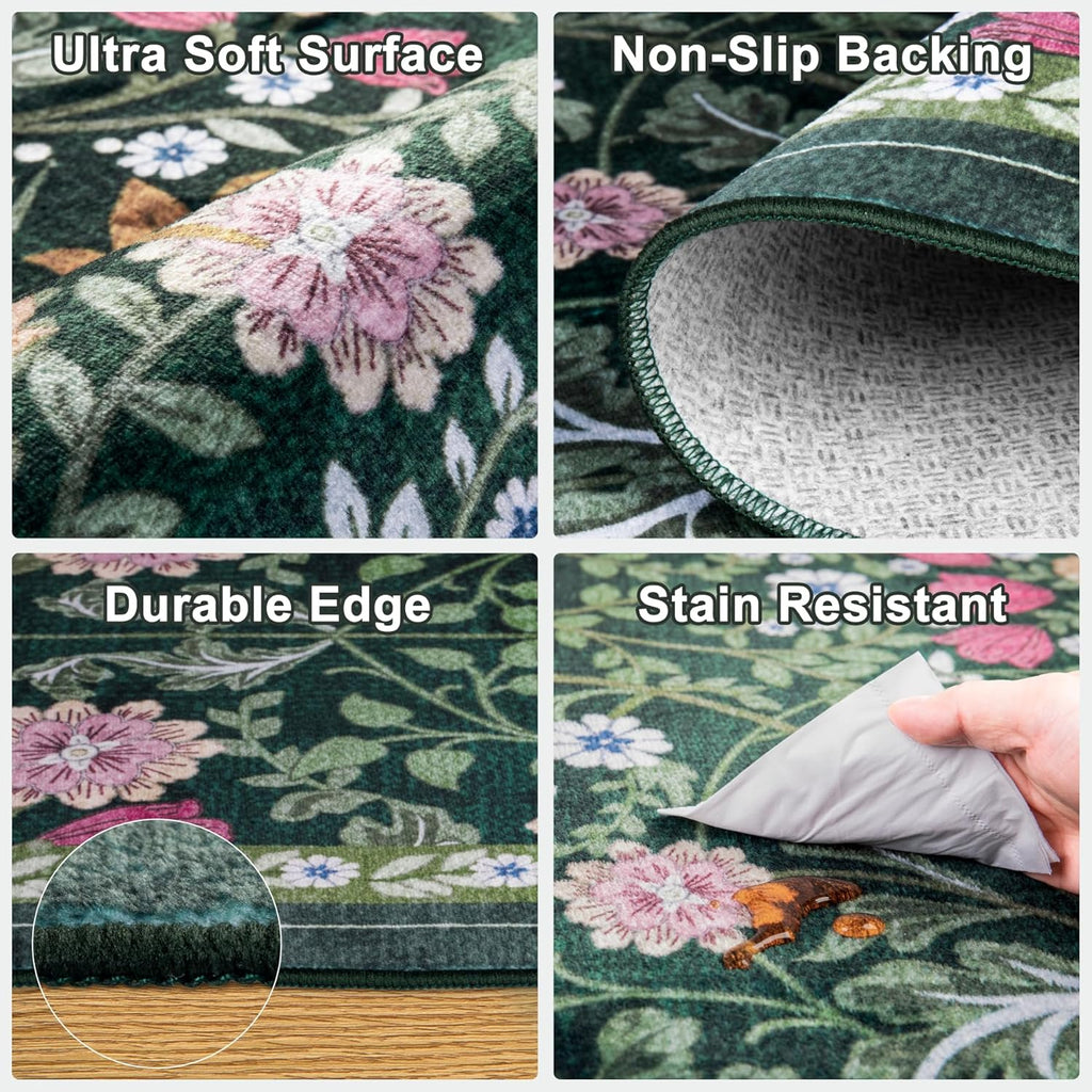 PLHXFR Area Rug 10x14 Living Room: Floral Washable Boho Carpet Dark Green