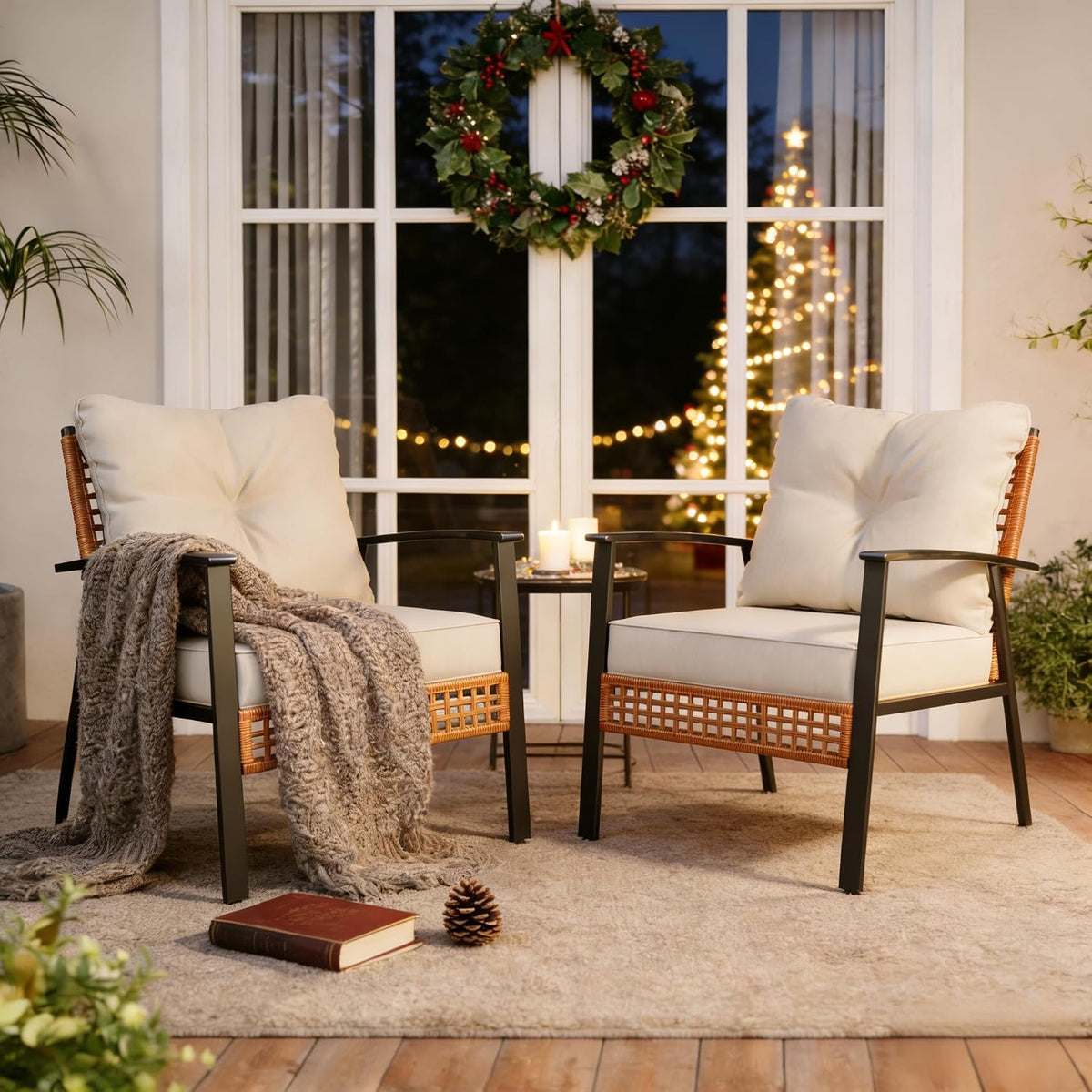 LAUSAINT HOME Outdoor Rattan Bistro Set, Patio Furniture Wicker Chairs Set of 2 with Deep Seating and Thick Cushions, Oversize Conversation Set for Garden, Balcony and Backyard (Beige)
