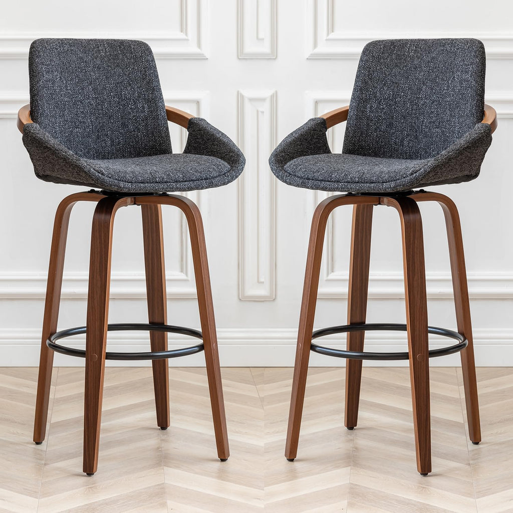 LUNLING 29.5" Set of 3 Bar Height Barstools Mid Century Modern Retro Bar Chairs Charcoal Gray Linen Look Fabric Upholstered and Walnut Wood Frame for Home Bar Furniture(Darkgray)