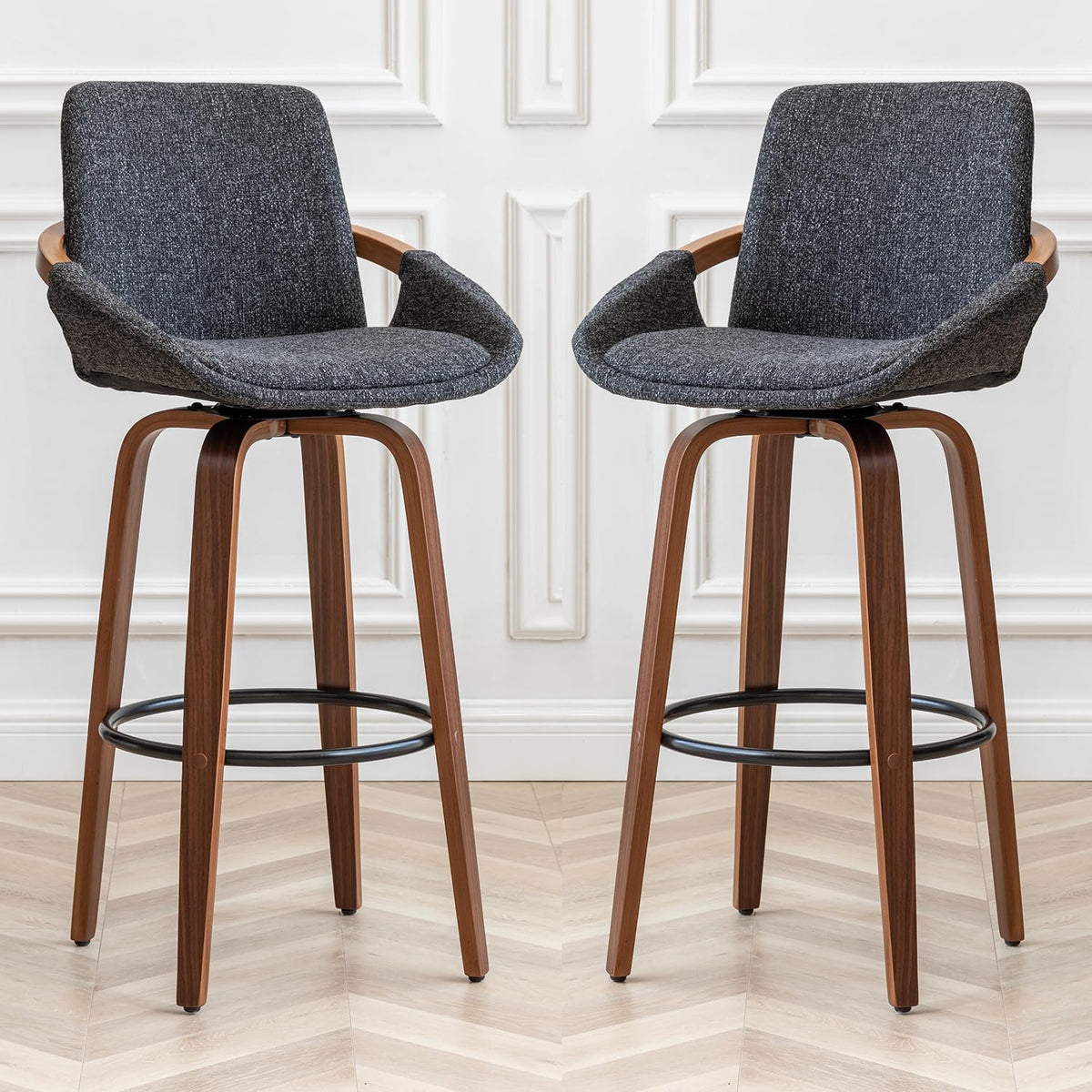 LUNLING 29.5" Set of 3 Bar Height Barstools Mid Century Modern Retro Bar Chairs Charcoal Gray Linen Look Fabric Upholstered and Walnut Wood Frame for Home Bar Furniture(Darkgray)