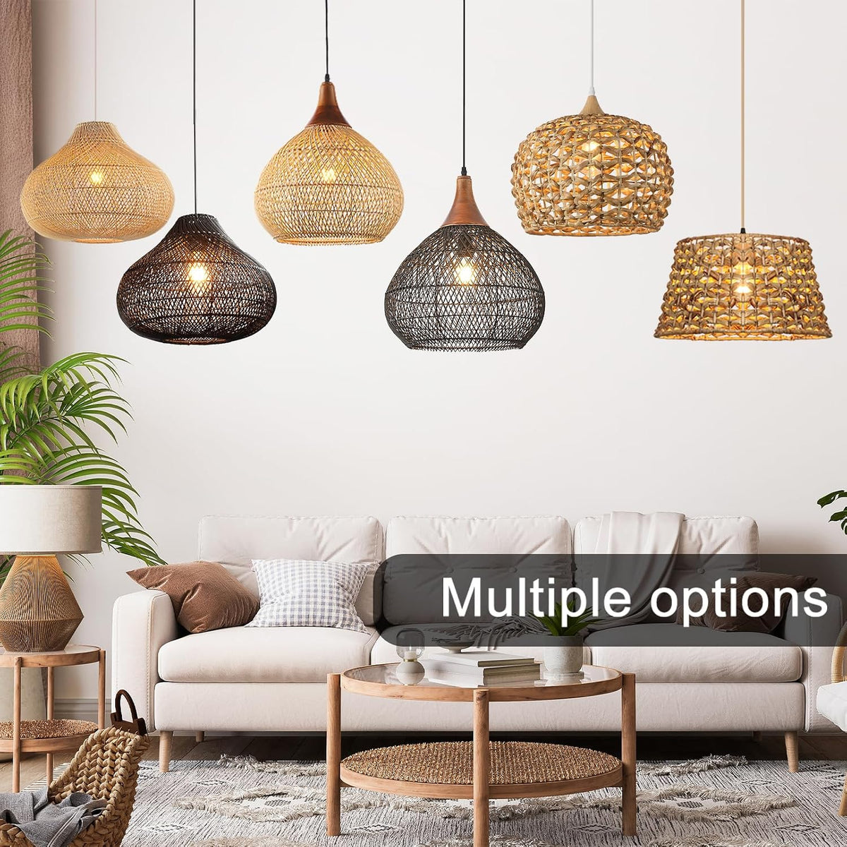 rattan pendant light, 15.8" boho wicker chandelier, hand-woven, front angle view