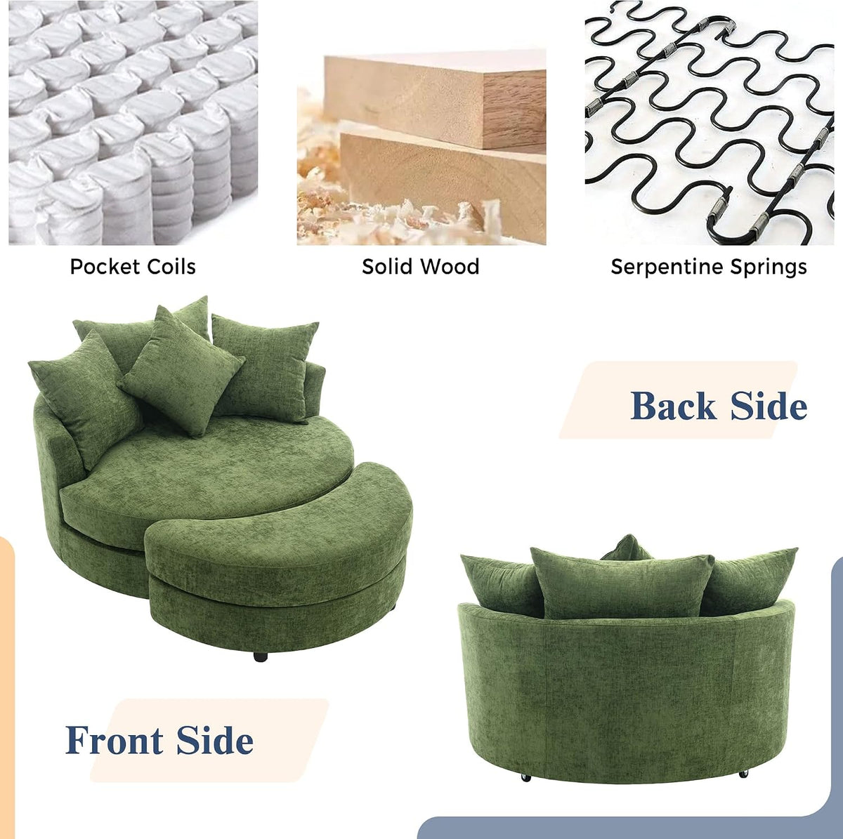 Merax 360° Swivel Barrel Chair with Half Moon Storage Ottoman, Oversized Leisure Round Single Sofa Large Chaise Lounge with 4 Pillows, Comfy Linen Upholstered Accent Arm Chairs for Living Room, Green