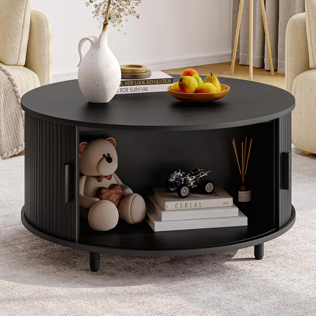 ONBRILL 31.5" Round Coffee Table with Storage Adjustable Footpads, Black