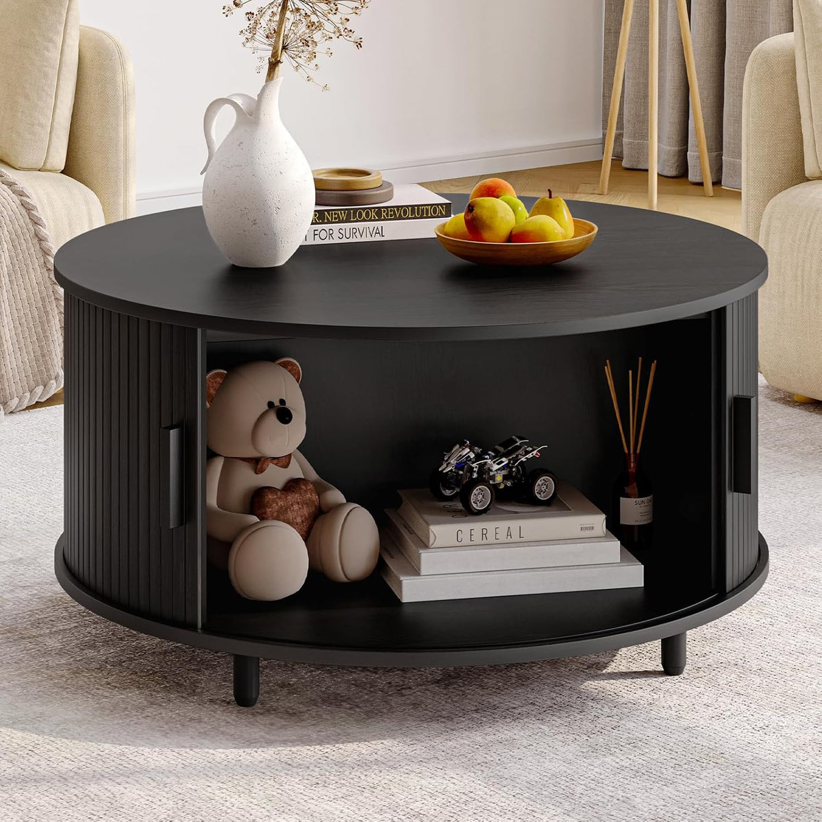ONBRILL 31.5" Round Coffee Table with Storage Adjustable Footpads, Black