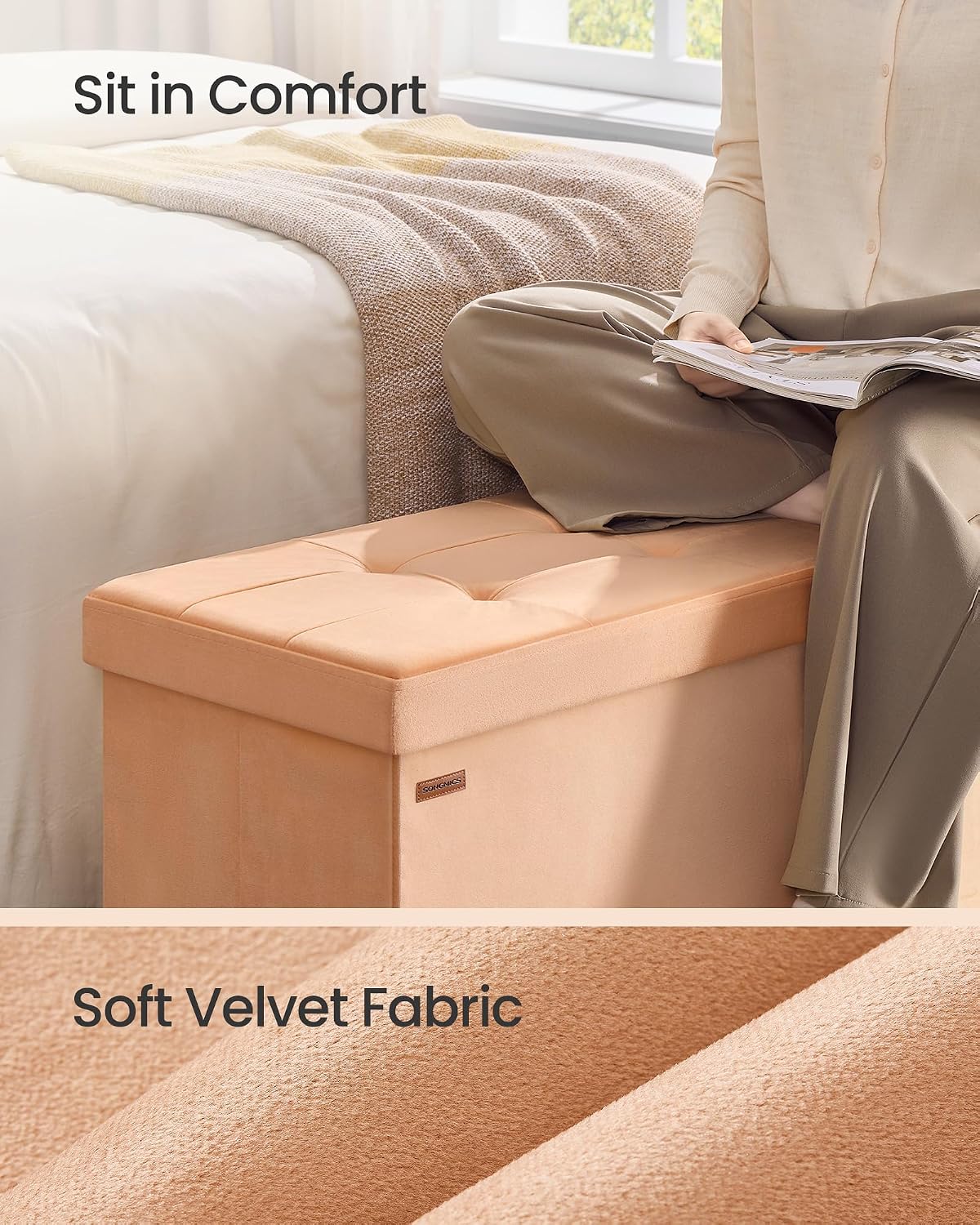 SONGMICS Storage Ottoman Bench, 43.3 Inches Velvet Foldable Foot Rest