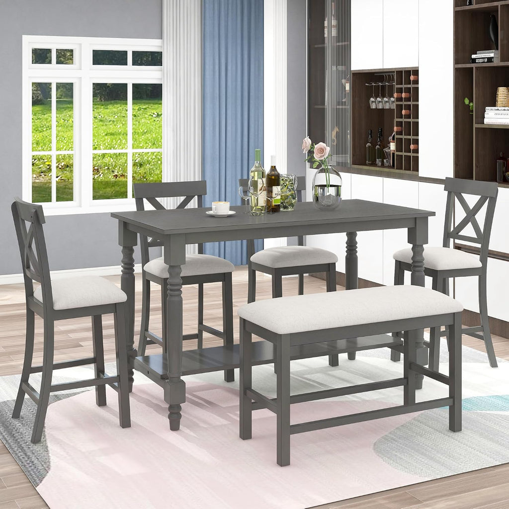 LUMISOL Counter Height Kitchen Table Set with Bench and Chairs for 6 Rustic Solid Wood Dining Room Table Set with Bottom Shelf for Storage, Gray