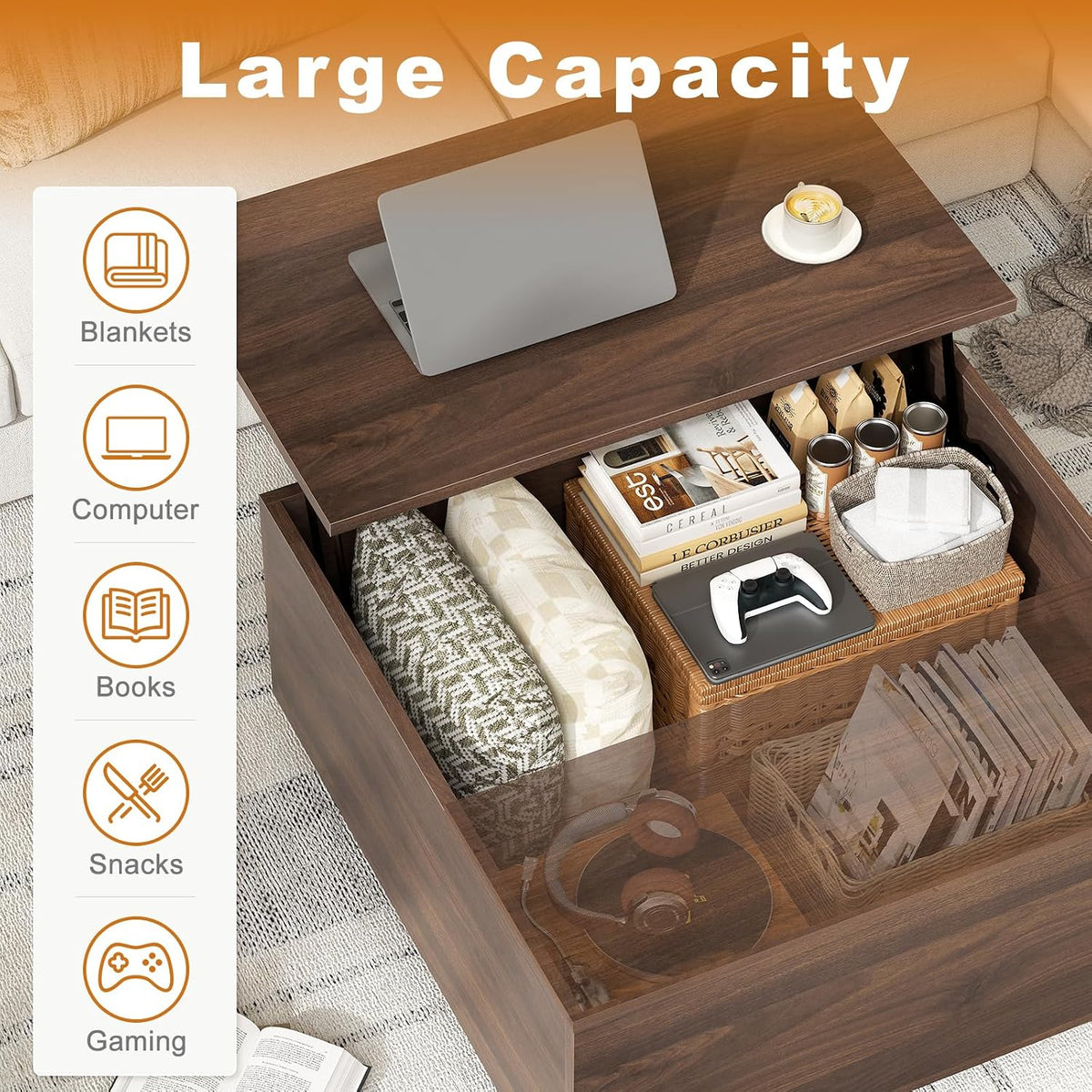 FABATO 31.5'' Lift Top Coffee Table Wood Center Table with Storage, Walnut