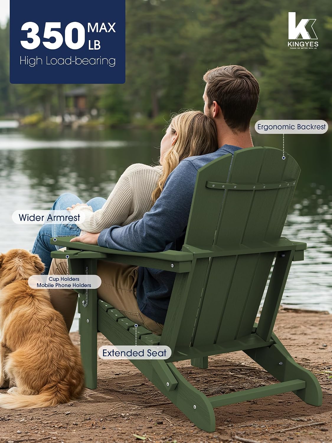 KINGYES Folding Adirondack Chair Set of 4 with 2 Cup Holders, Avocado